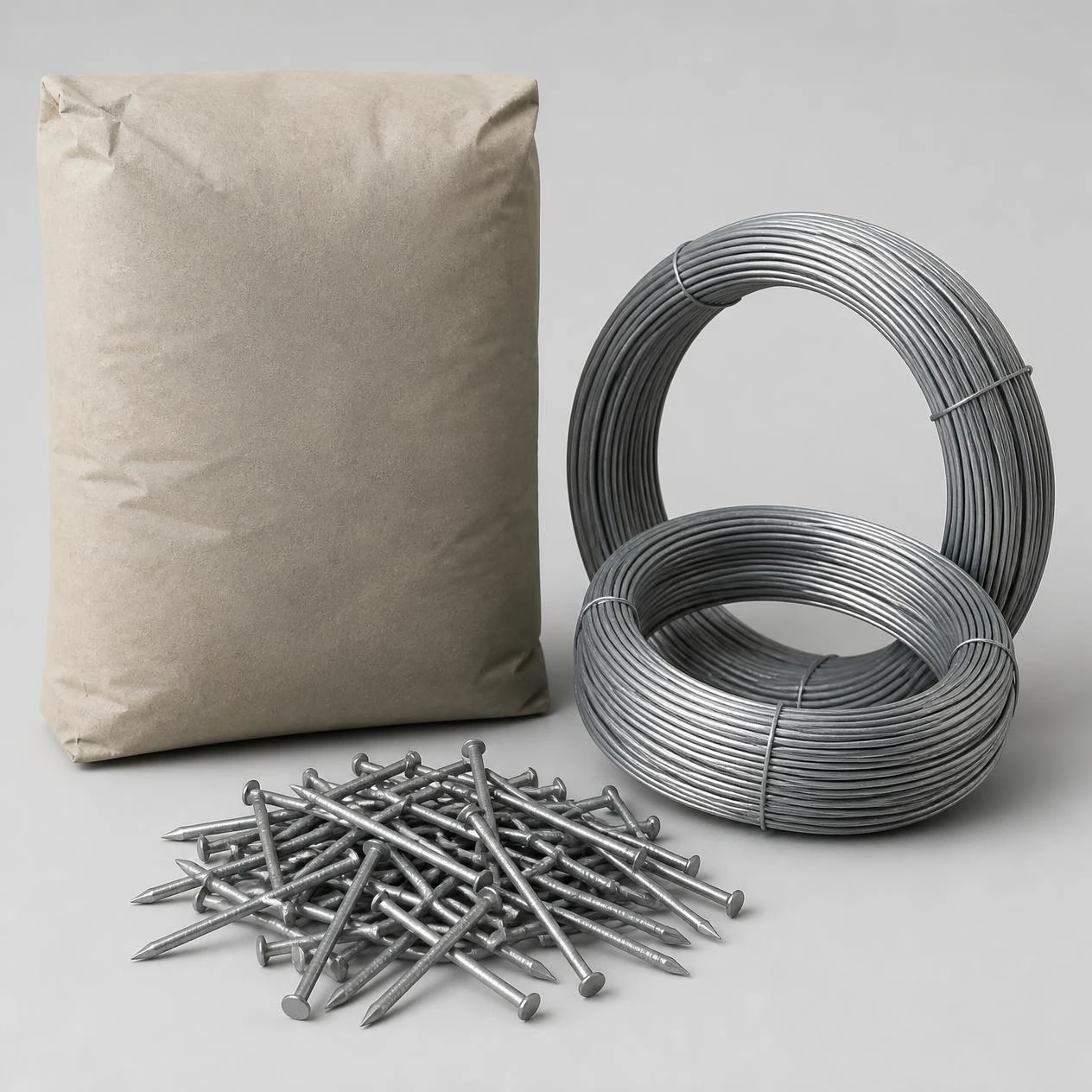 Bag of cement, coils of GI binding wire and a pile of nails